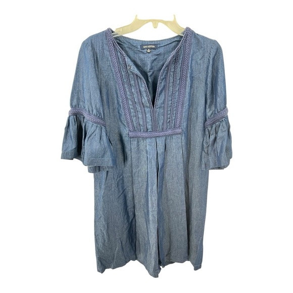Max Edition Mid Length Bell Sleeve Blue Chambray Dress with Blue Braided Trim - Picture 1 of 8